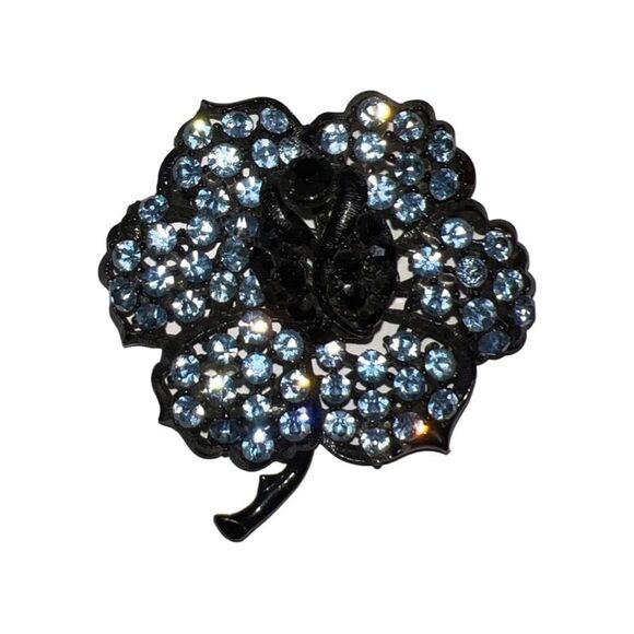 Vintage Weiss Large Japanned Blue Rhinestone Flower Brooch, Signed - Picture 8 of 9